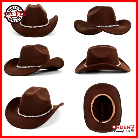 Felt Fedora Cowboy Hat with Rhinestone Decor, Adjustable Fit, Wide Brim